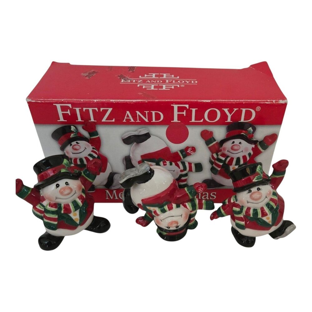 Fitz and Floyd Tumbling Snowman Figurines Set of 3 Ceramic Merry Christmas